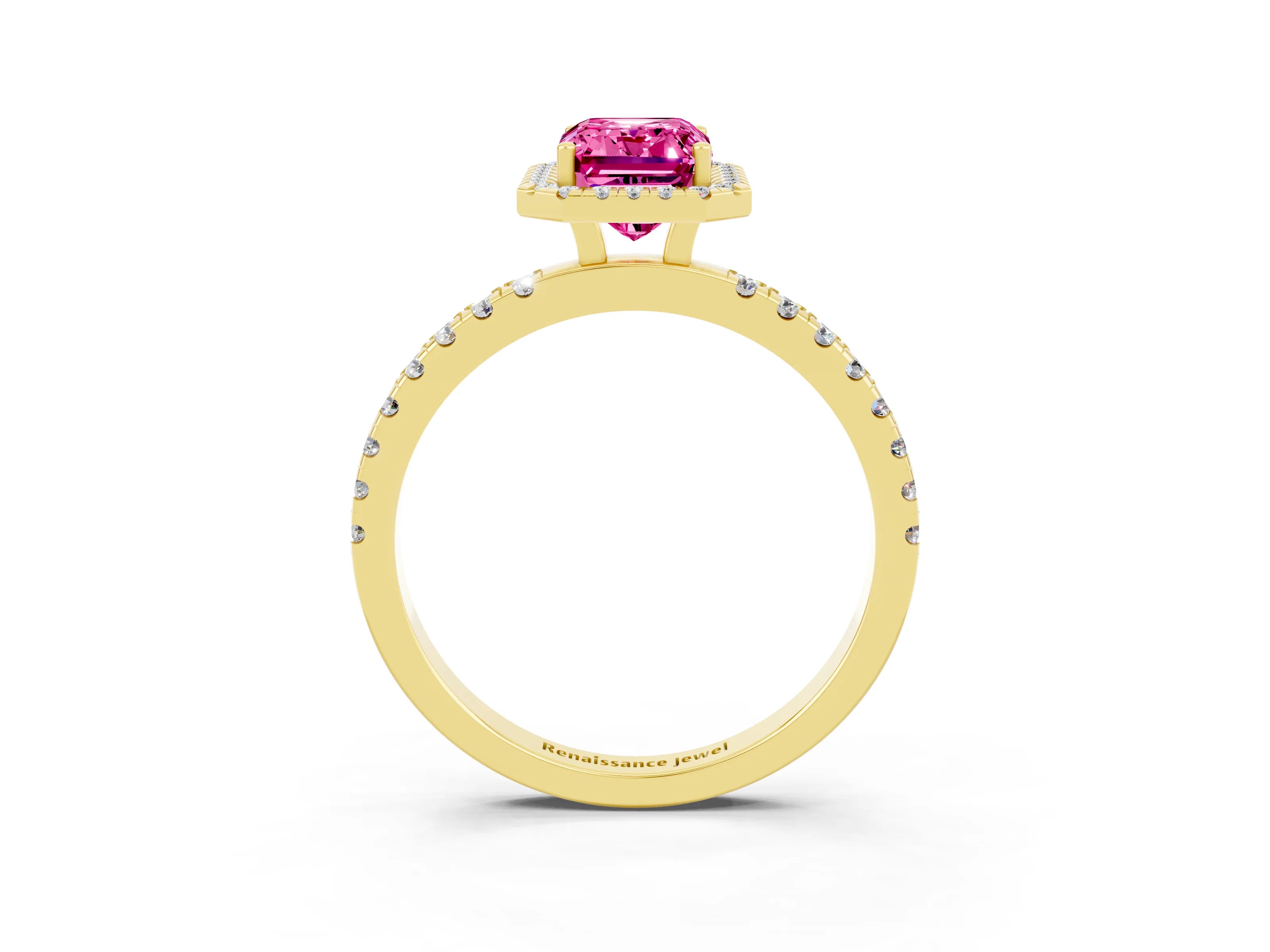 Yellow gold Emerald Cut Halo Diamond Pave Band with Prong Setting_3