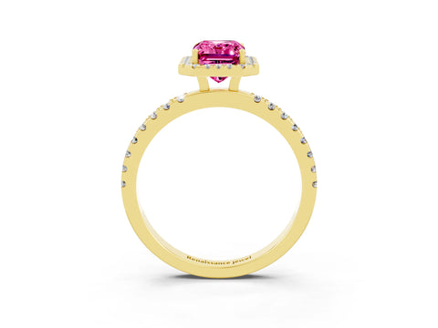 Yellow gold Emerald Cut Halo Diamond Pave Band with Prong Setting_3