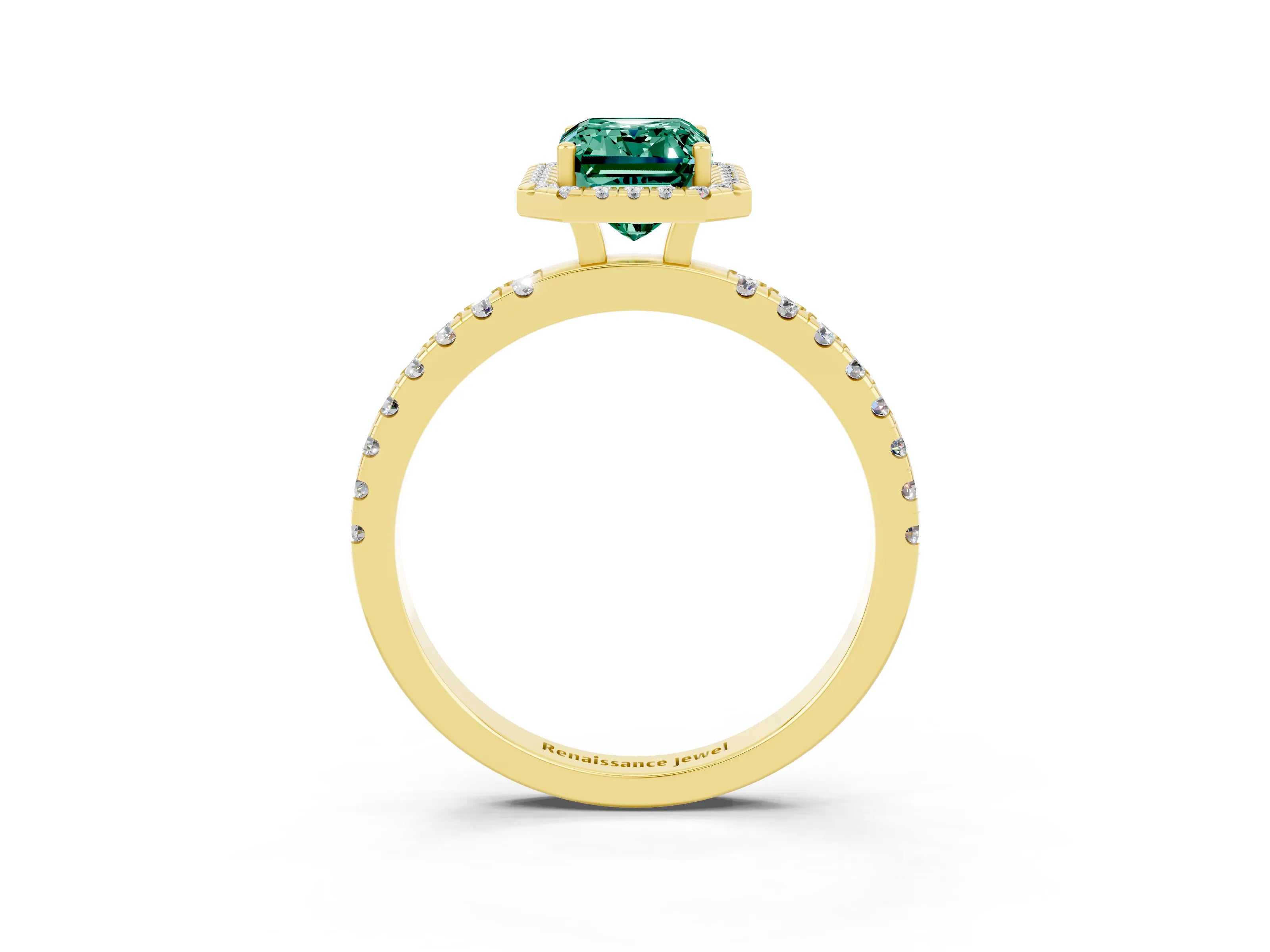 Yellow gold Emerald Cut Halo Diamond Pave Band with Prong Setting_3