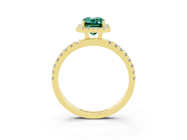 Yellow gold Emerald Cut Green Sapphire Classic Halo Engagement Ring with Round Pavé Band and Prong Setting