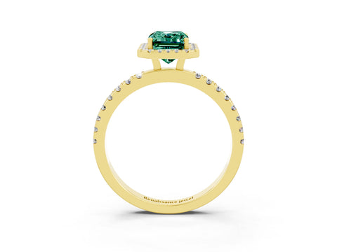 Yellow gold Emerald Cut Halo Diamond Pave Band with Prong Setting_3