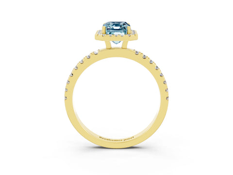 Yellow gold Emerald Cut Halo Diamond Pave Band with Prong Setting_3