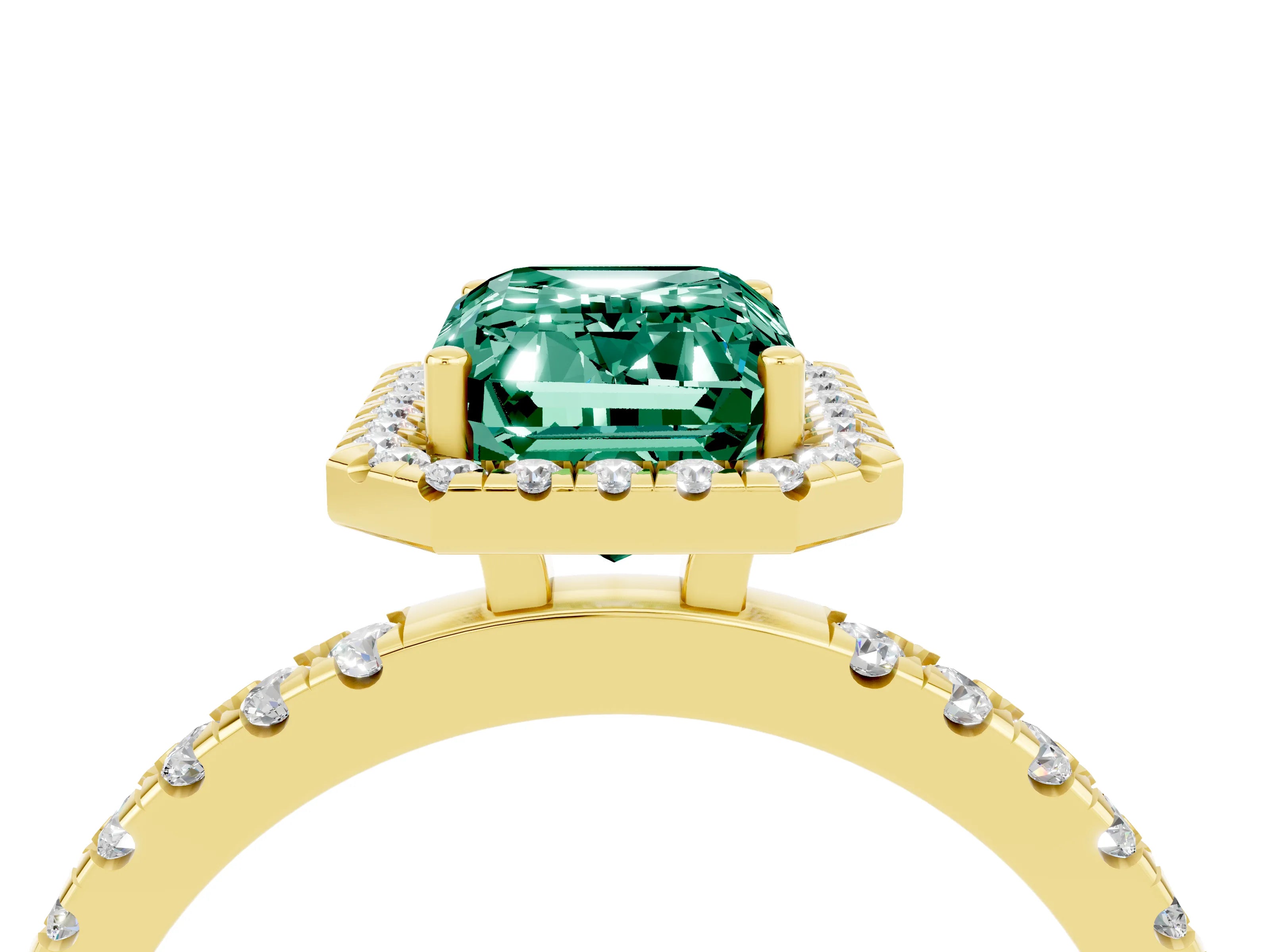 Yellow gold Emerald Cut Halo Diamond Pave Band with Prong Setting_4