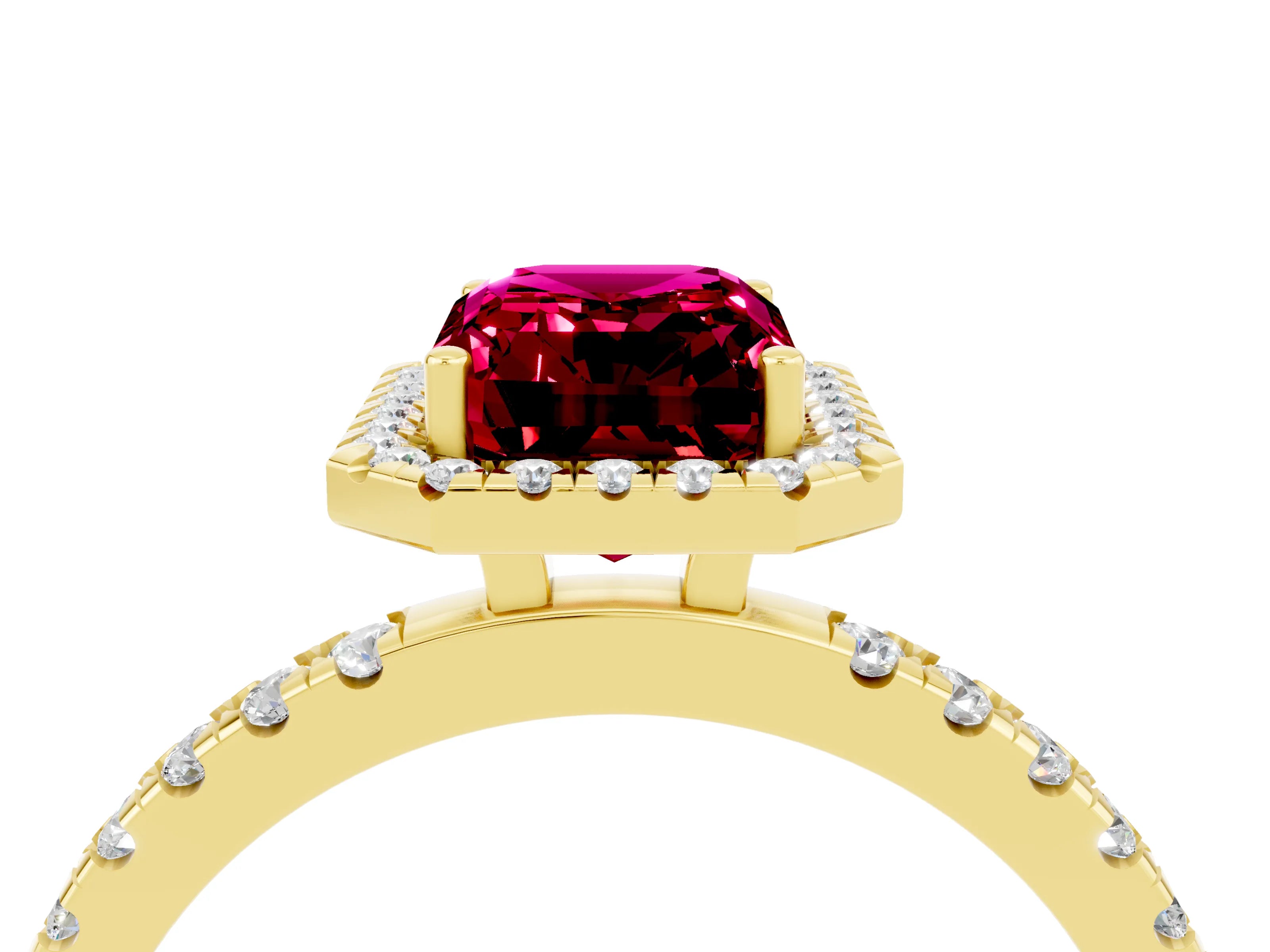 Yellow gold Emerald Cut Halo Diamond Pave Band with Prong Setting_4