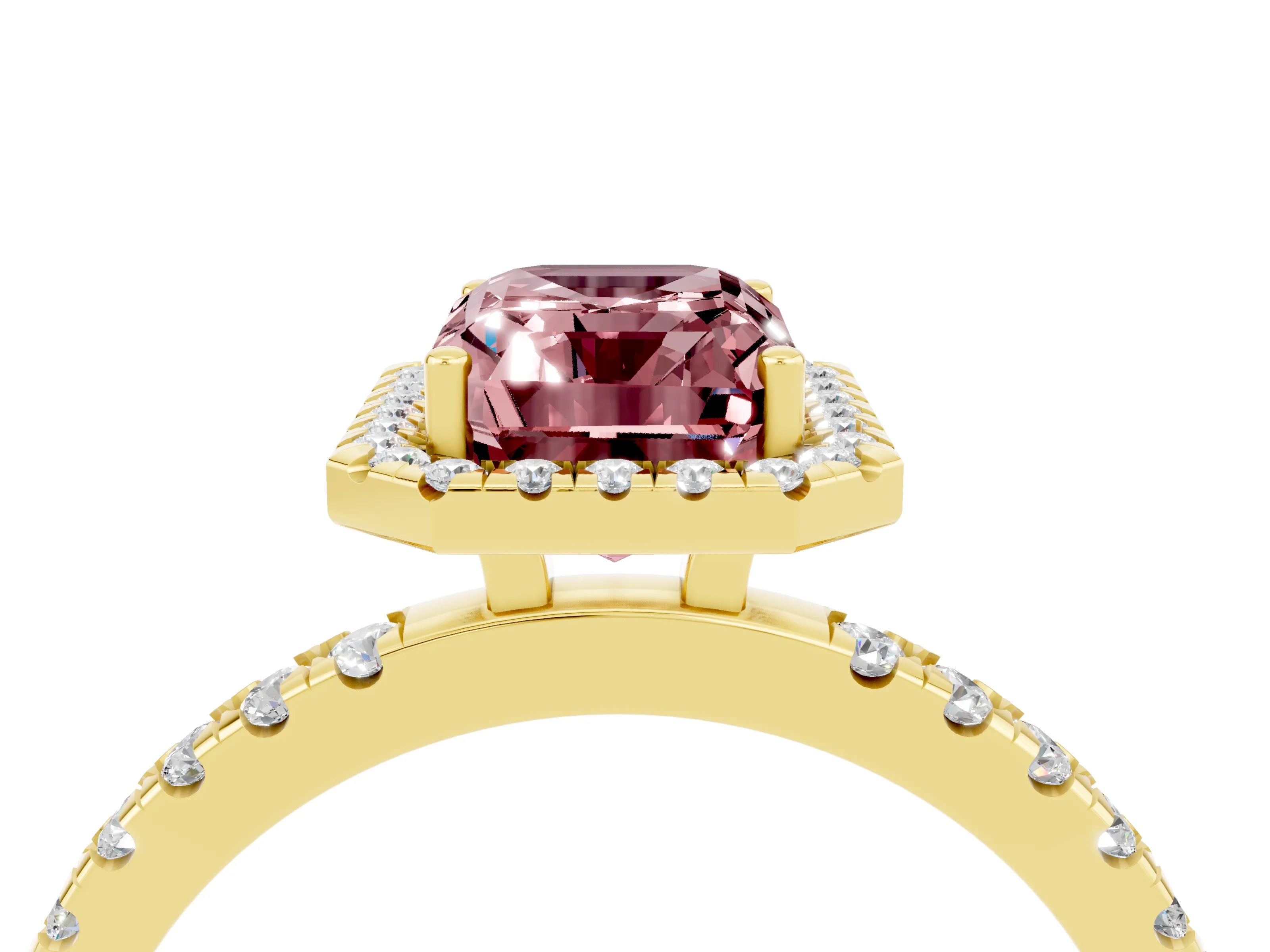 Yellow gold Emerald Cut Halo Diamond Pave Band with Prong Setting_4