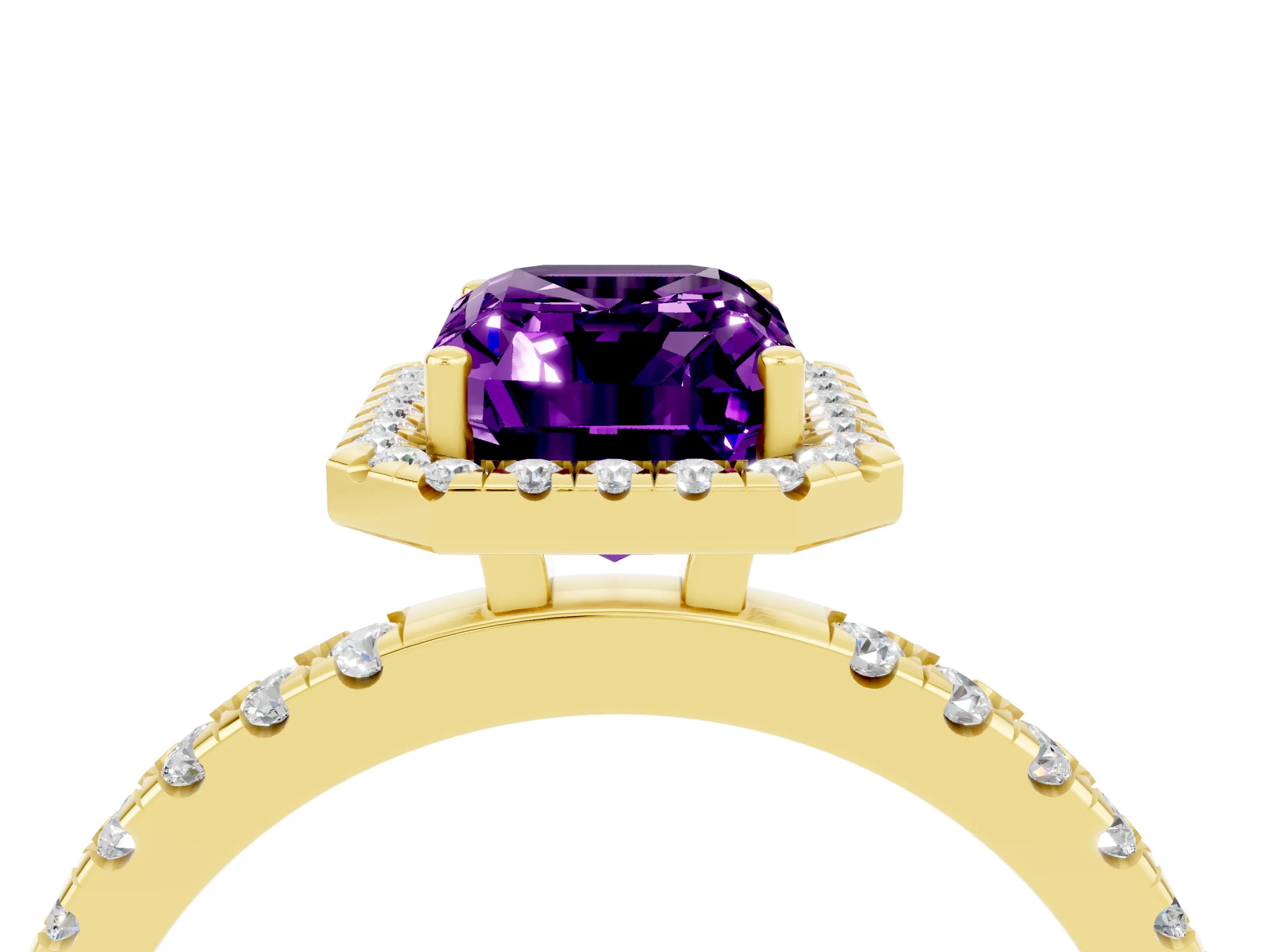 Yellow gold Emerald Cut Halo Diamond Pave Band with Prong Setting_4
