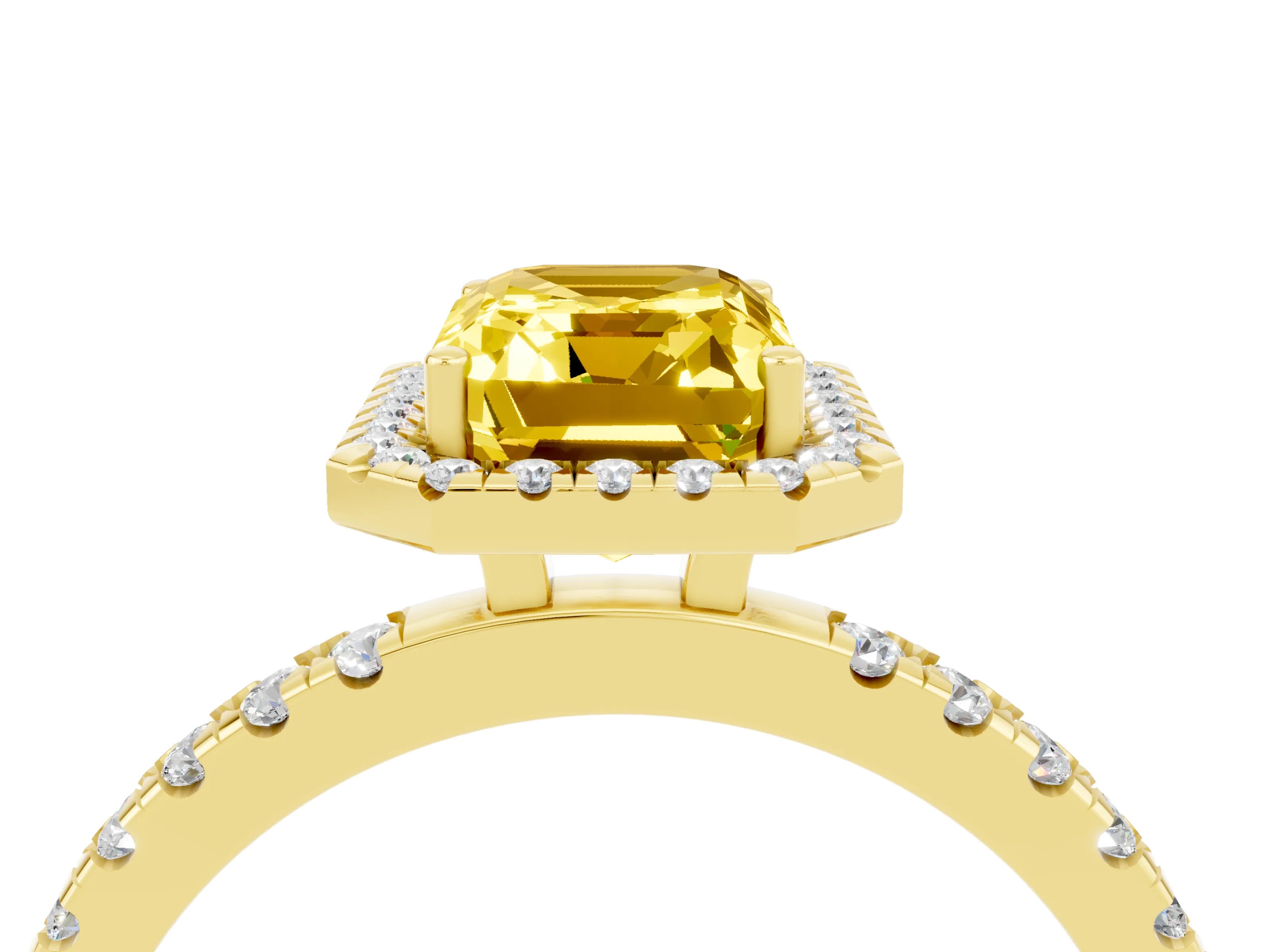 Yellow gold Emerald Cut Halo Diamond Pave Band with Prong Setting_4