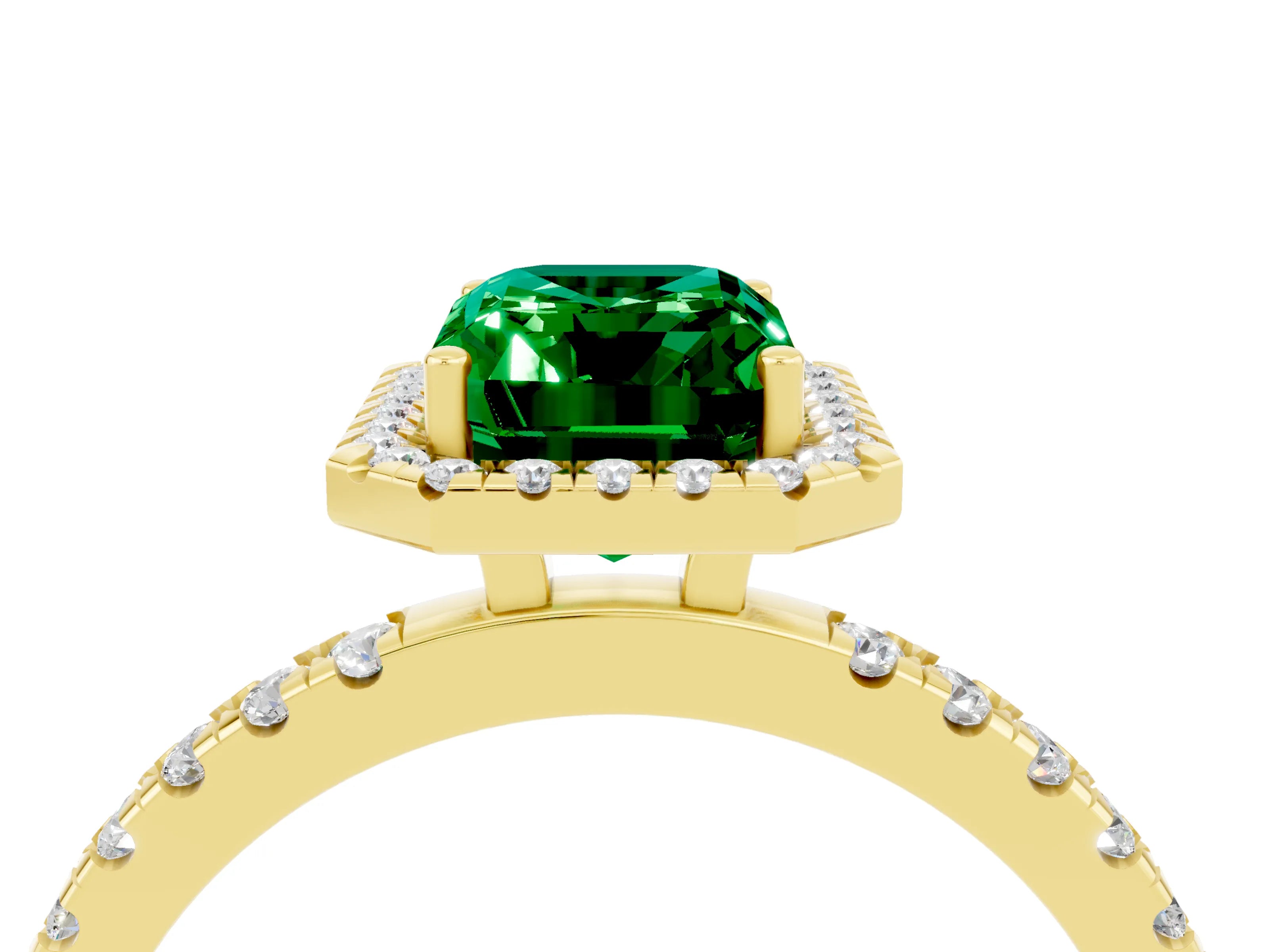 Yellow gold Emerald Cut Halo Diamond Pave Band with Prong Setting_4