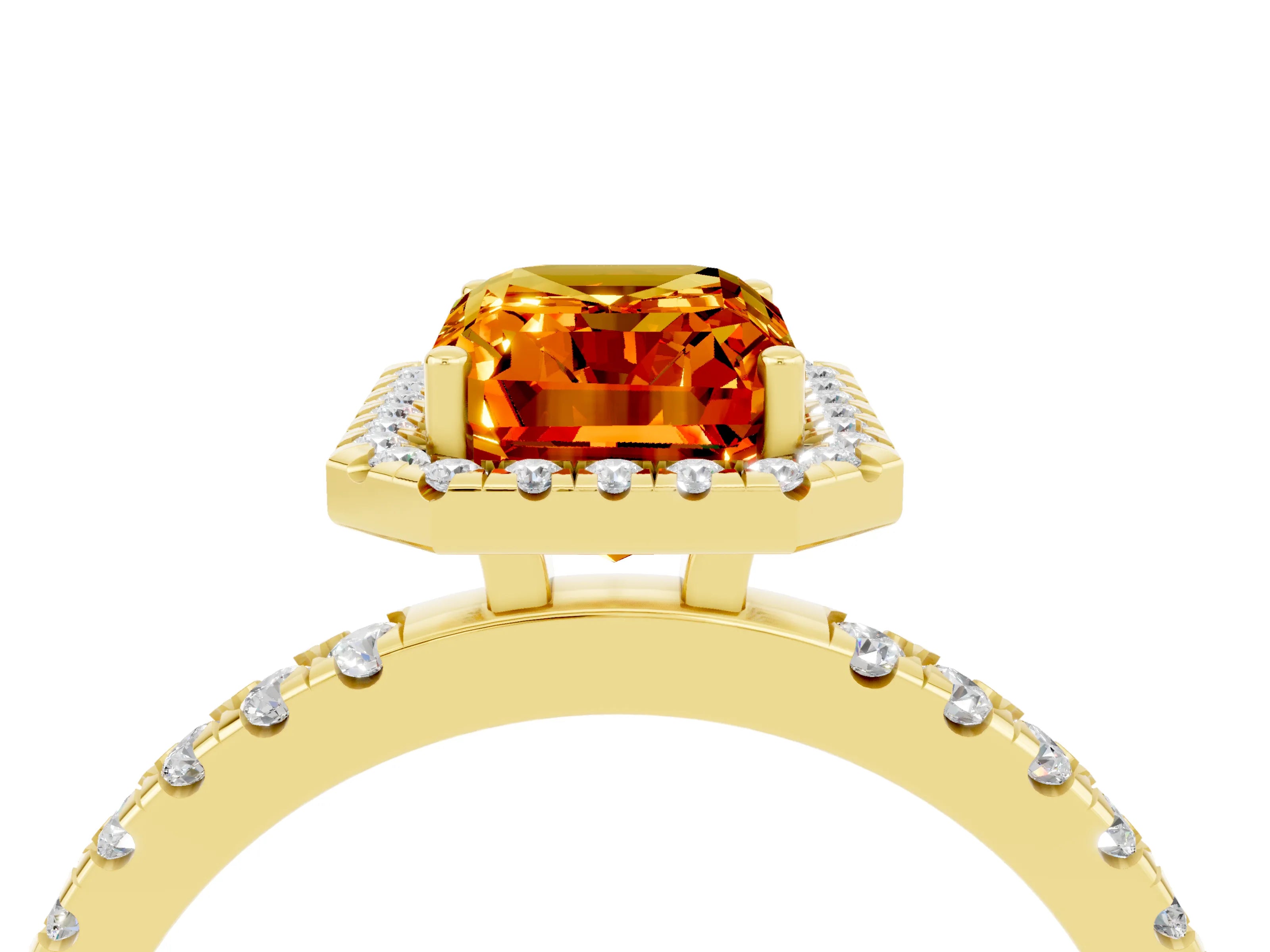 Yellow gold Emerald Cut Halo Diamond Pave Band with Prong Setting_4