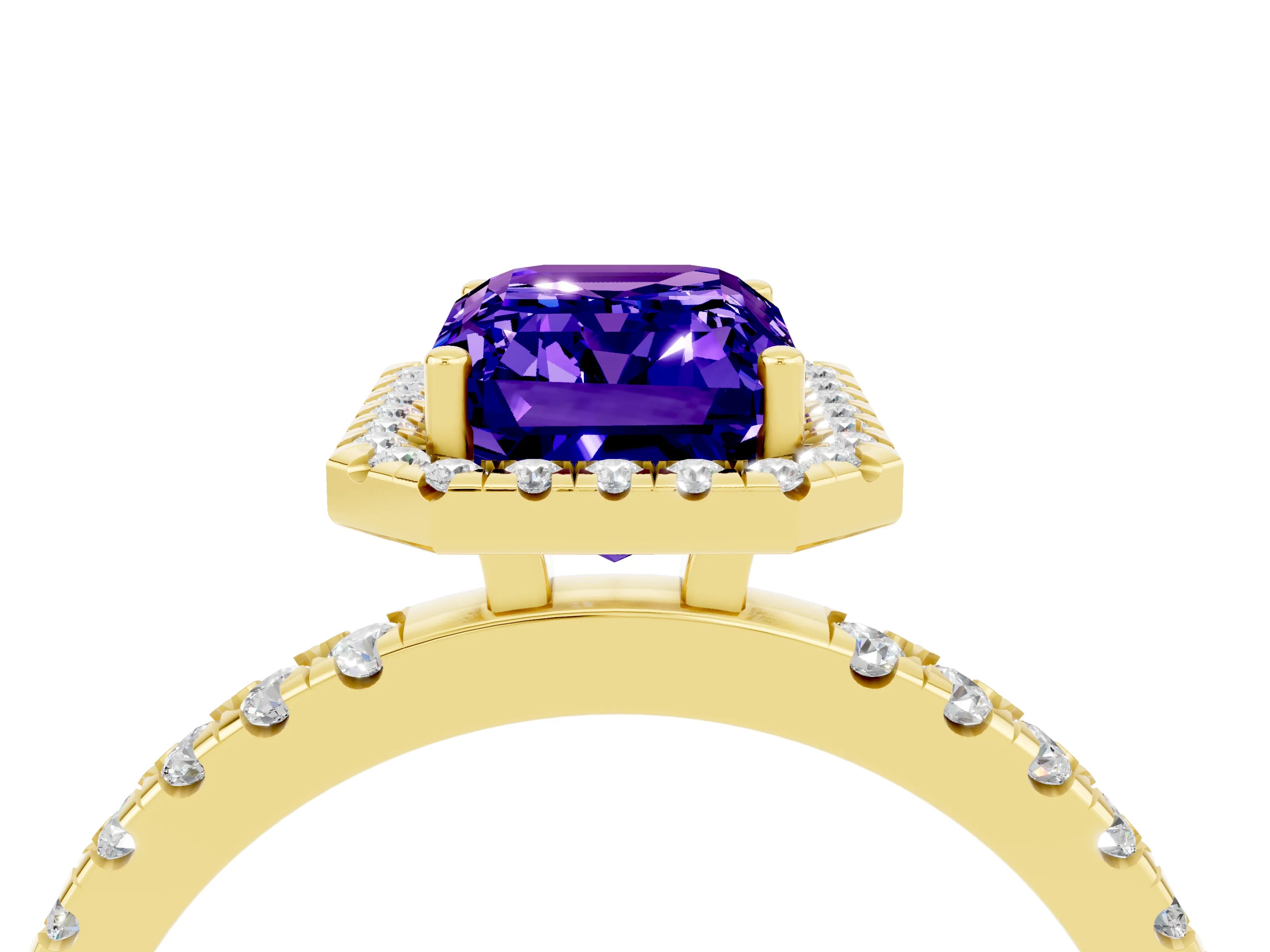 Yellow gold Emerald Cut Halo Diamond Pave Band with Prong Setting_4