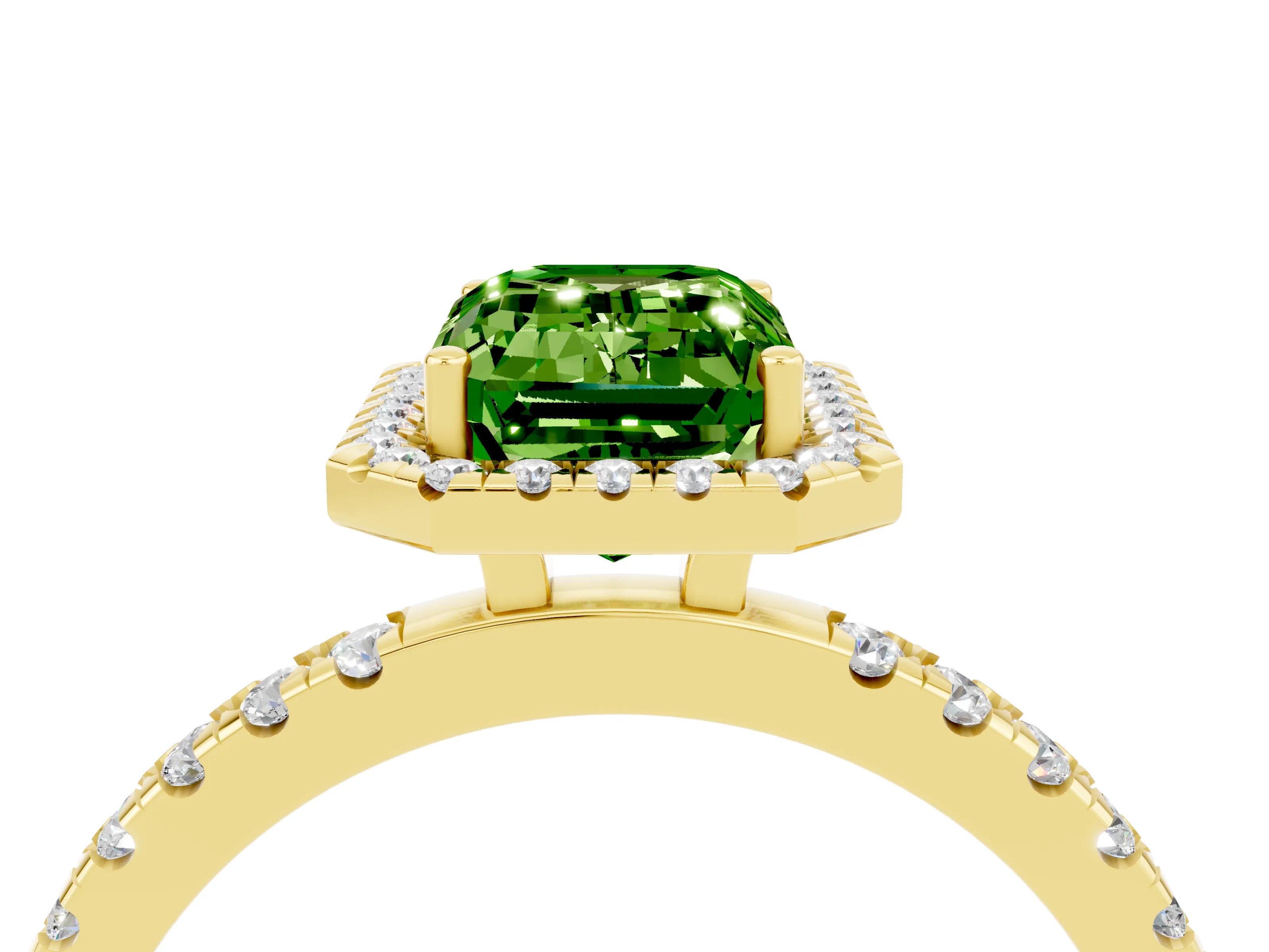 Yellow gold Emerald Cut Halo Diamond Pave Band with Prong Setting_4