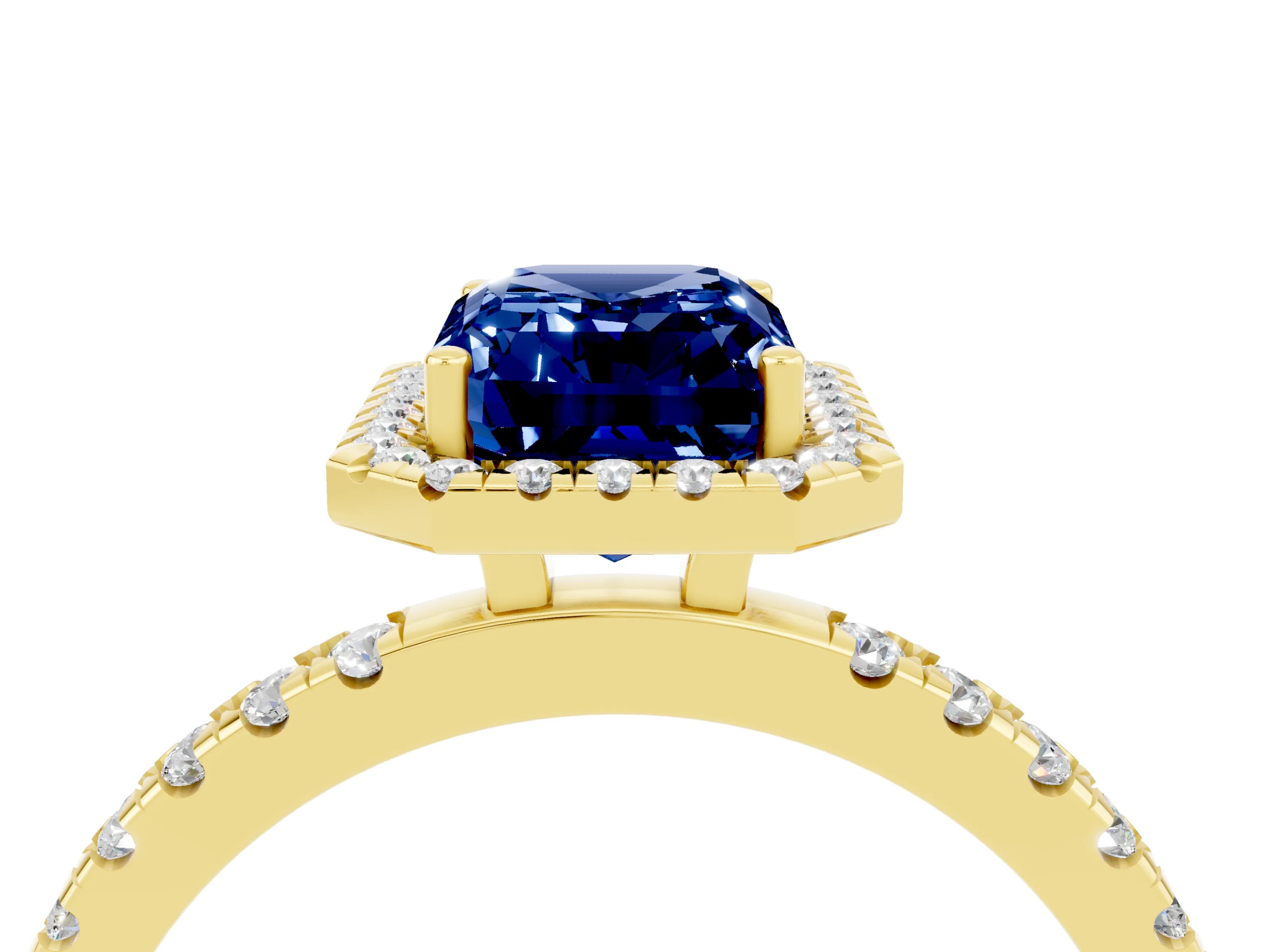 Yellow gold Emerald Cut Halo Diamond Pave Band with Prong Setting_4