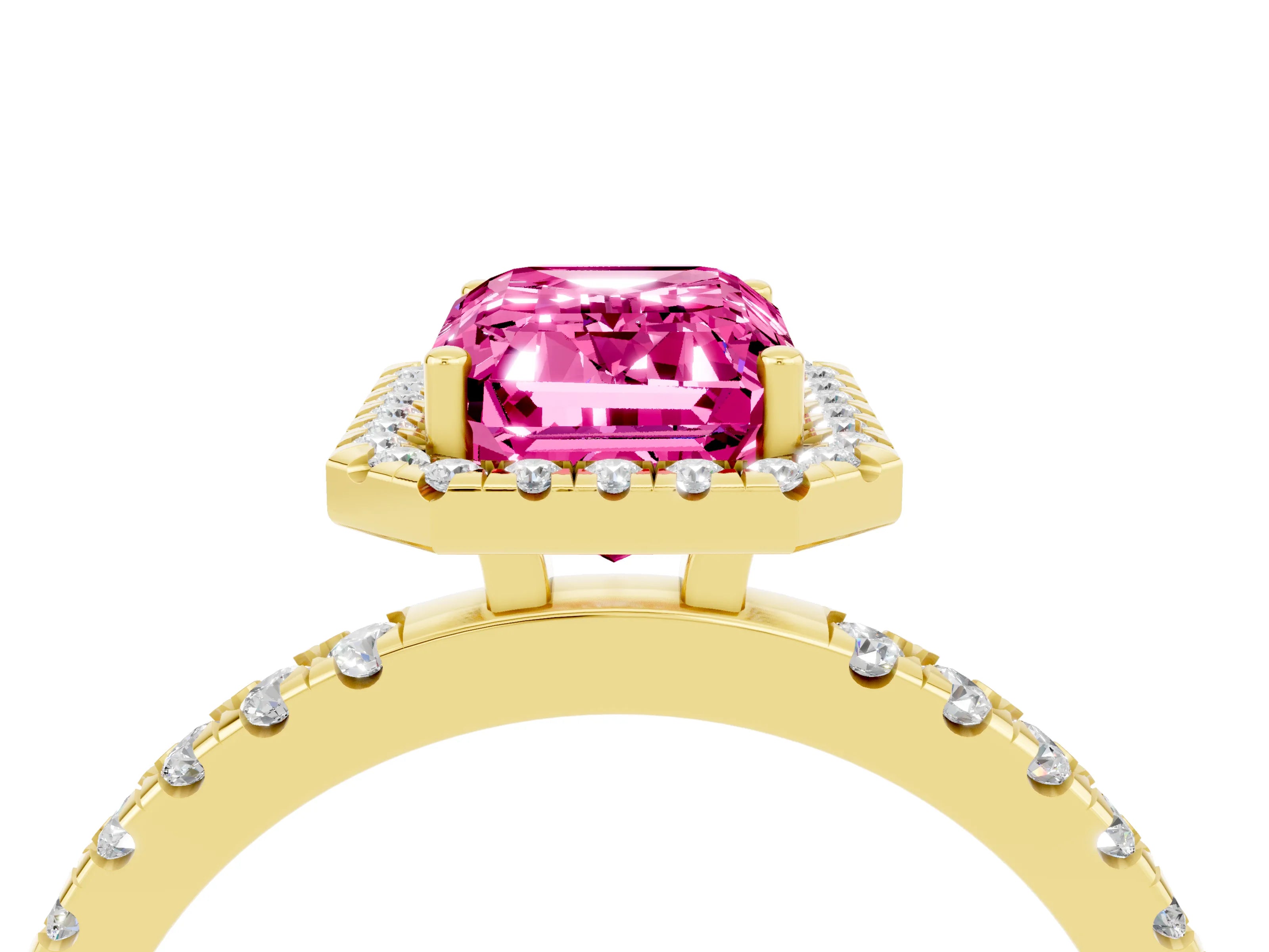 Yellow gold Emerald Cut Halo Diamond Pave Band with Prong Setting_4