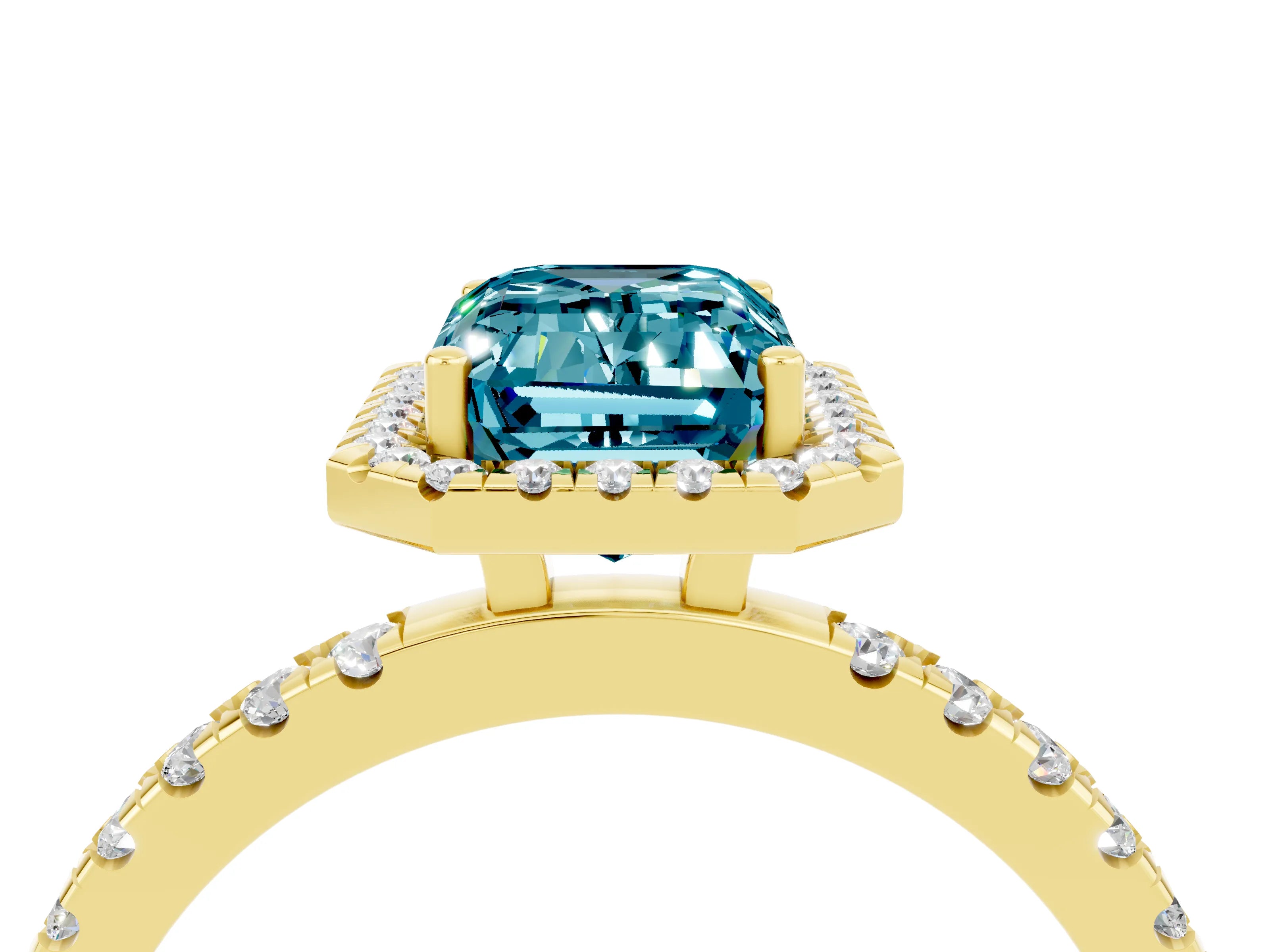 Yellow gold Emerald Cut Halo Diamond Pave Band with Prong Setting_4
