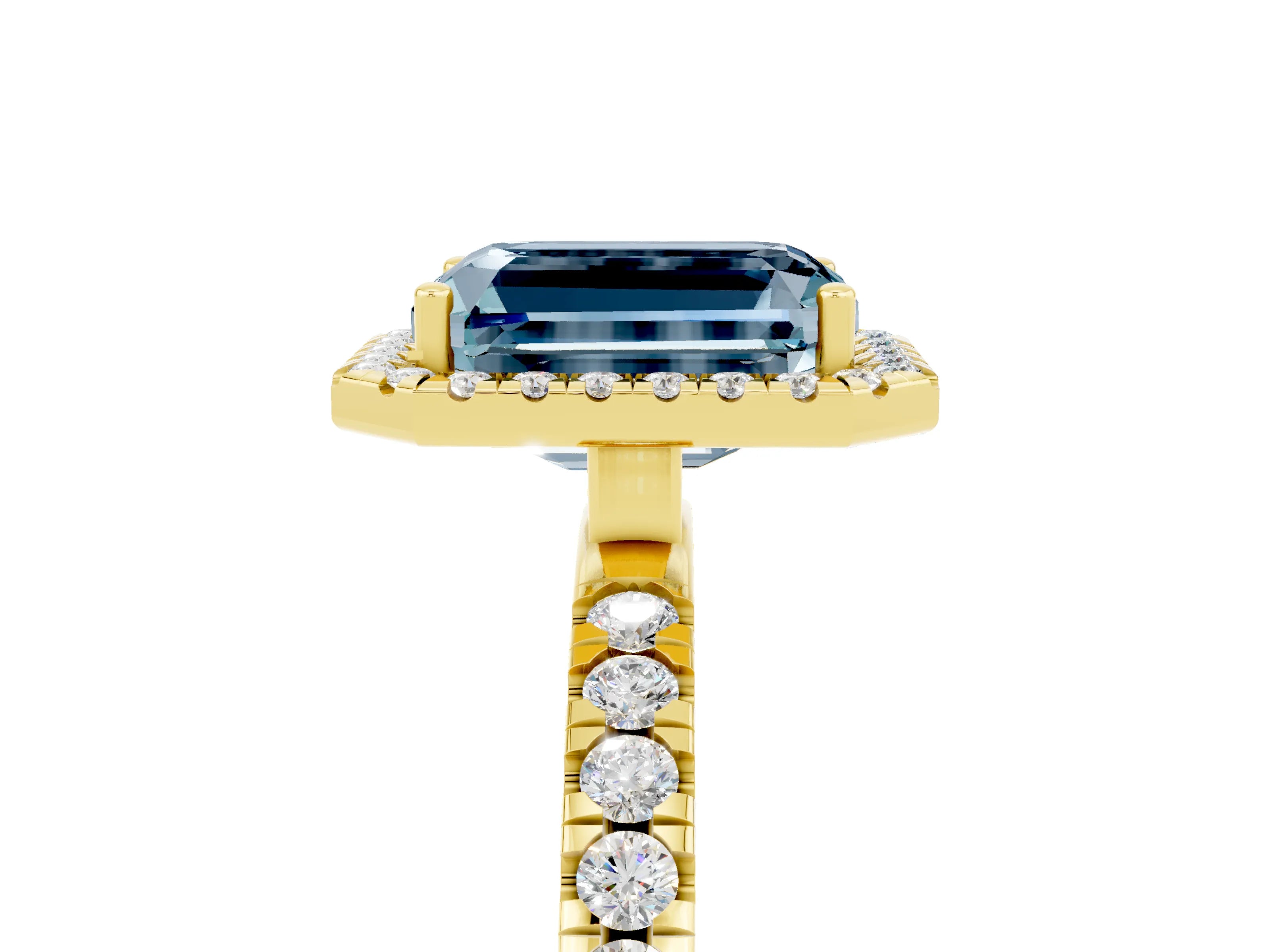Yellow gold Emerald Cut Halo Diamond Pave Band with Prong Setting_5