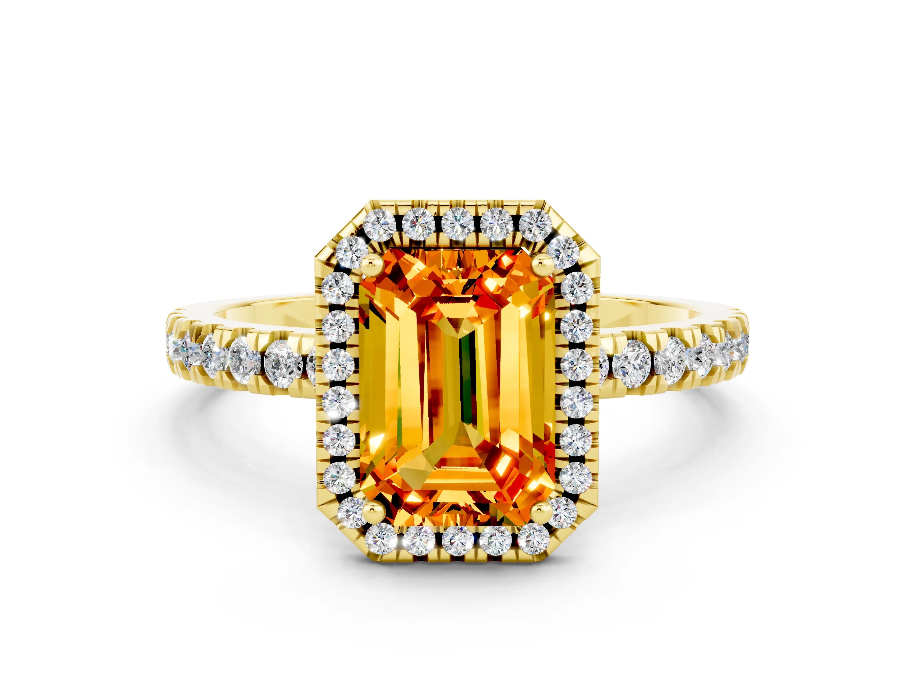 Yellow gold Emerald Cut Halo Diamond Pave Band with Prong Setting