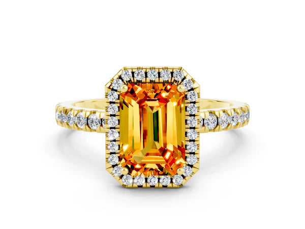 Yellow gold Emerald Cut Citrine Classic Halo Engagement Ring with Round Pavé Band and Prong Setting