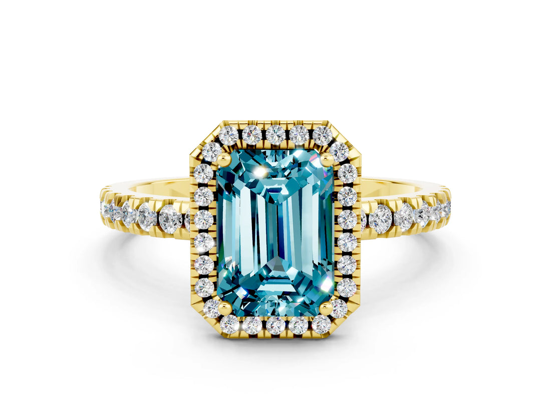 Yellow gold Emerald Cut Halo Diamond Pave Band with Prong Setting
