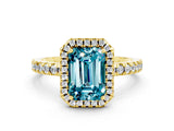 Yellow gold Emerald Cut Halo Diamond Pave Band with Prong Setting