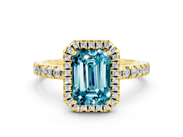 Yellow gold Emerald Cut Halo Diamond Pave Band with Prong Setting