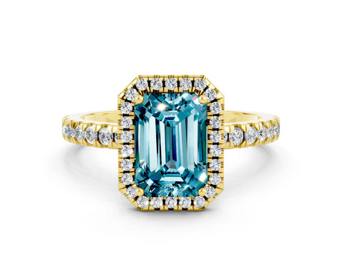 Yellow gold Emerald Cut Halo Diamond Pave Band with Prong Setting