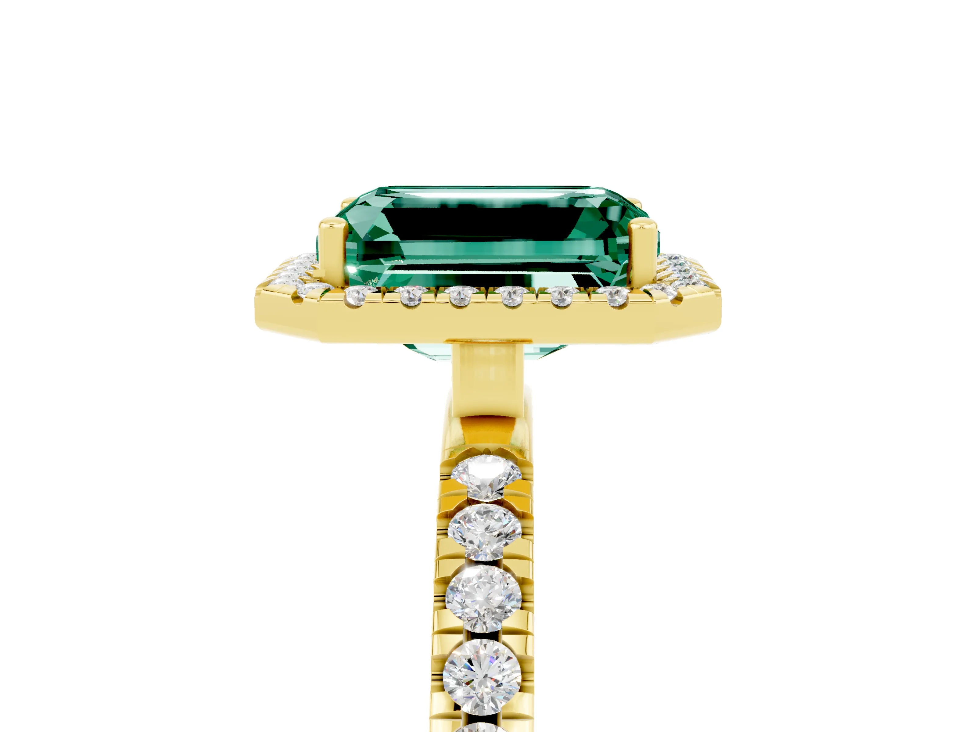 Yellow gold Emerald Cut Halo Diamond Pave Band with Prong Setting_5