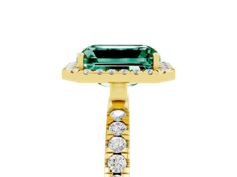 Yellow gold Emerald Cut Halo Diamond Pave Band with Prong Setting_5