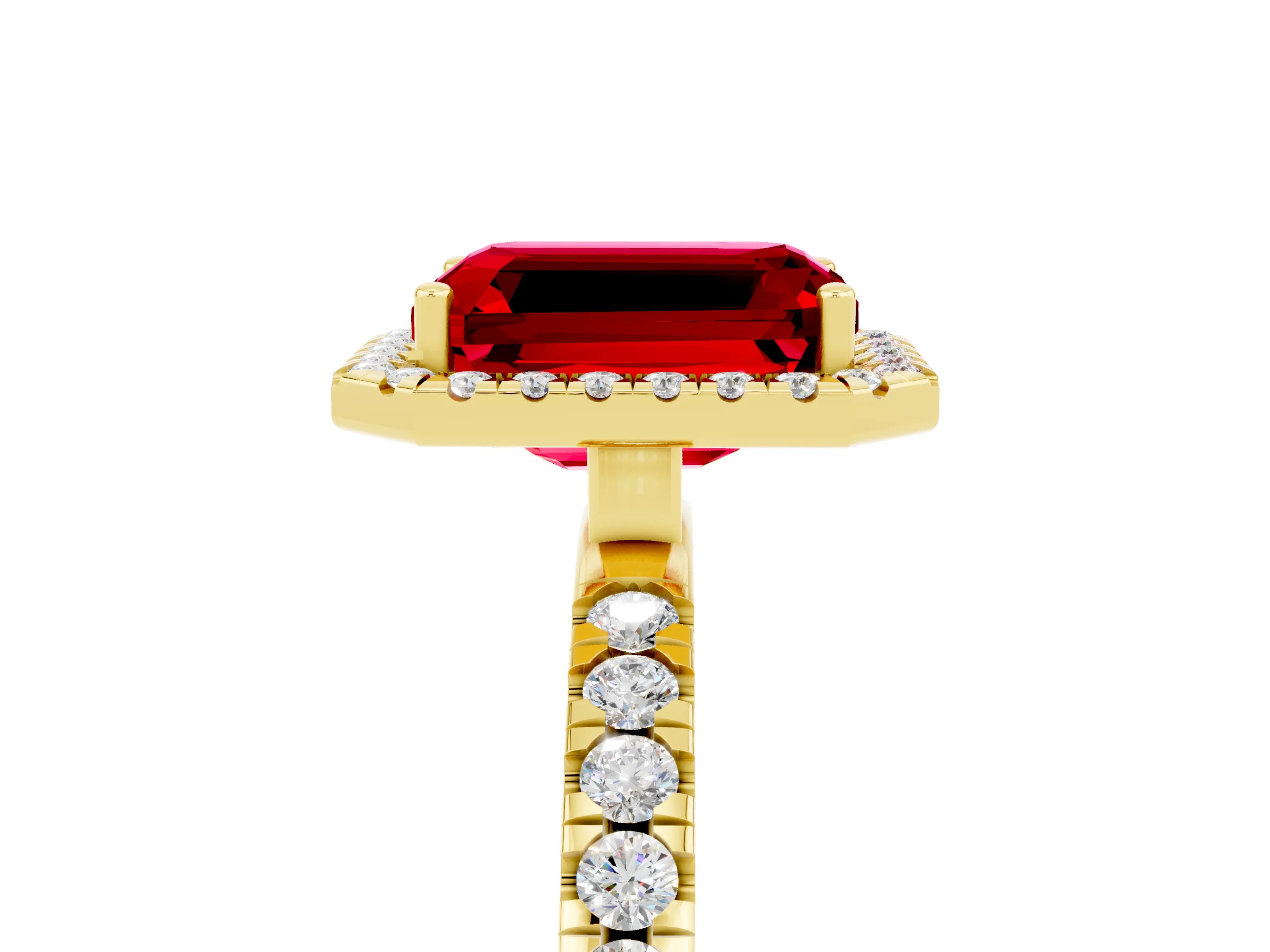 Yellow gold Emerald Cut Halo Diamond Pave Band with Prong Setting_5