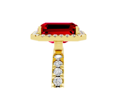Yellow gold Emerald Cut Halo Diamond Pave Band with Prong Setting_5