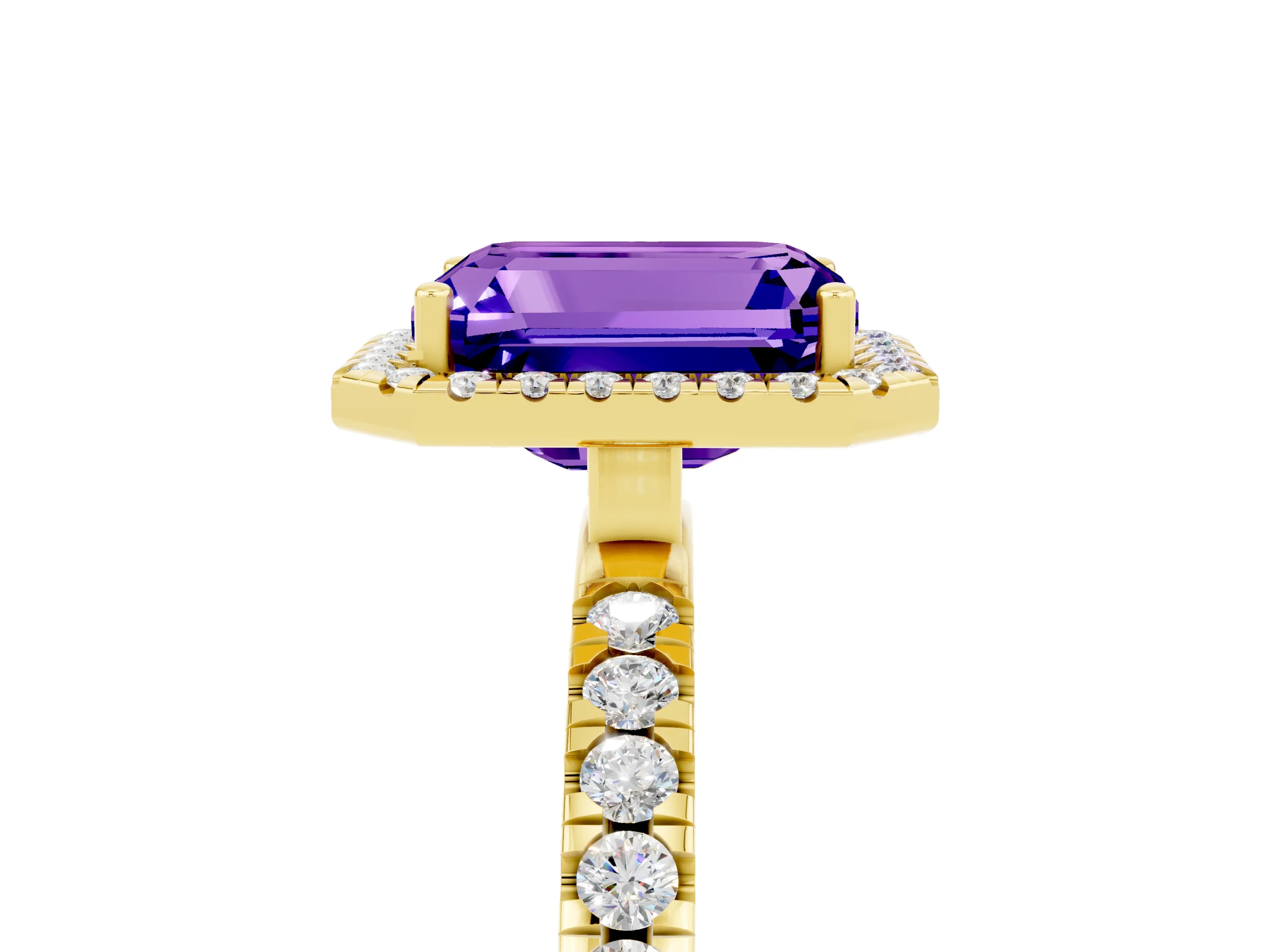 Yellow gold Emerald Cut Halo Diamond Pave Band with Prong Setting_5