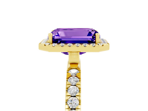 Yellow gold Emerald Cut Halo Diamond Pave Band with Prong Setting_5