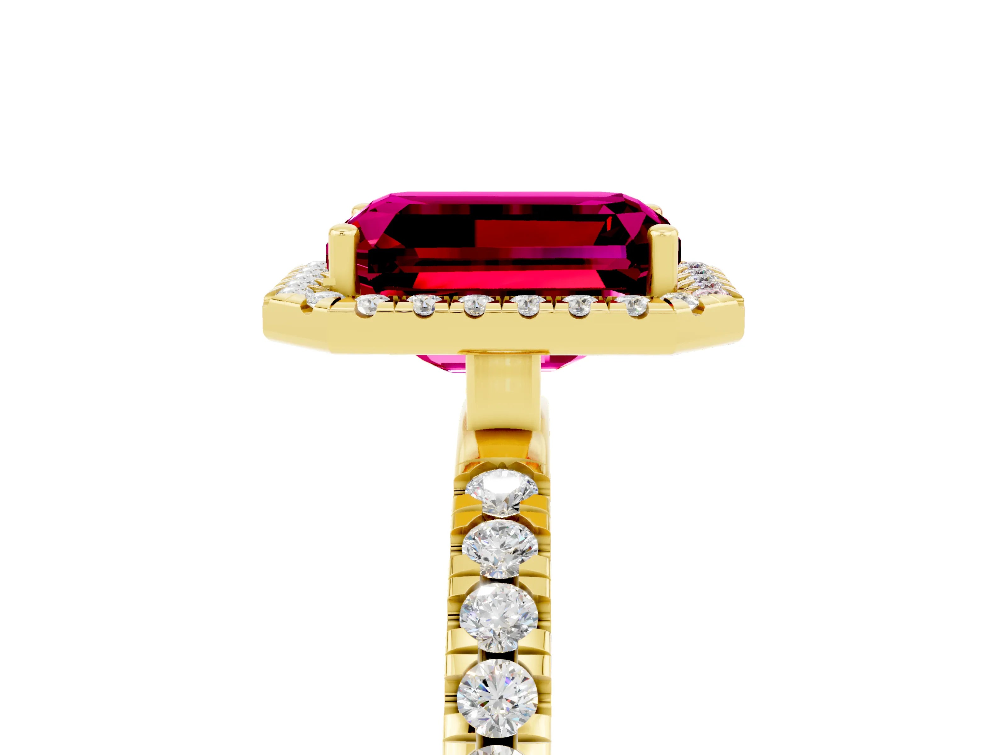 Yellow gold Emerald Cut Halo Diamond Pave Band with Prong Setting_5