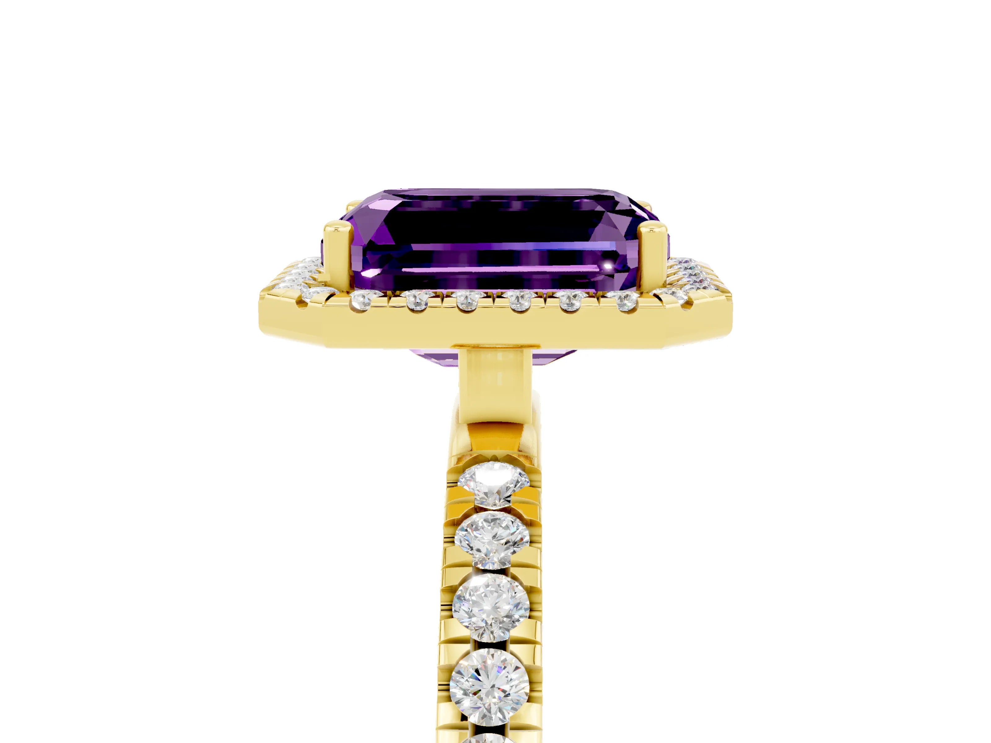 Yellow gold Emerald Cut Halo Diamond Pave Band with Prong Setting_5