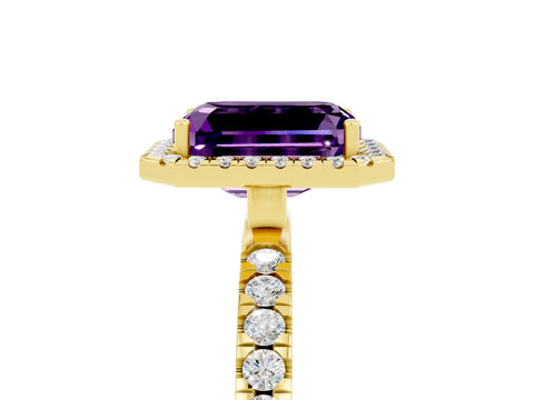 Yellow gold Emerald Cut Halo Diamond Pave Band with Prong Setting_5