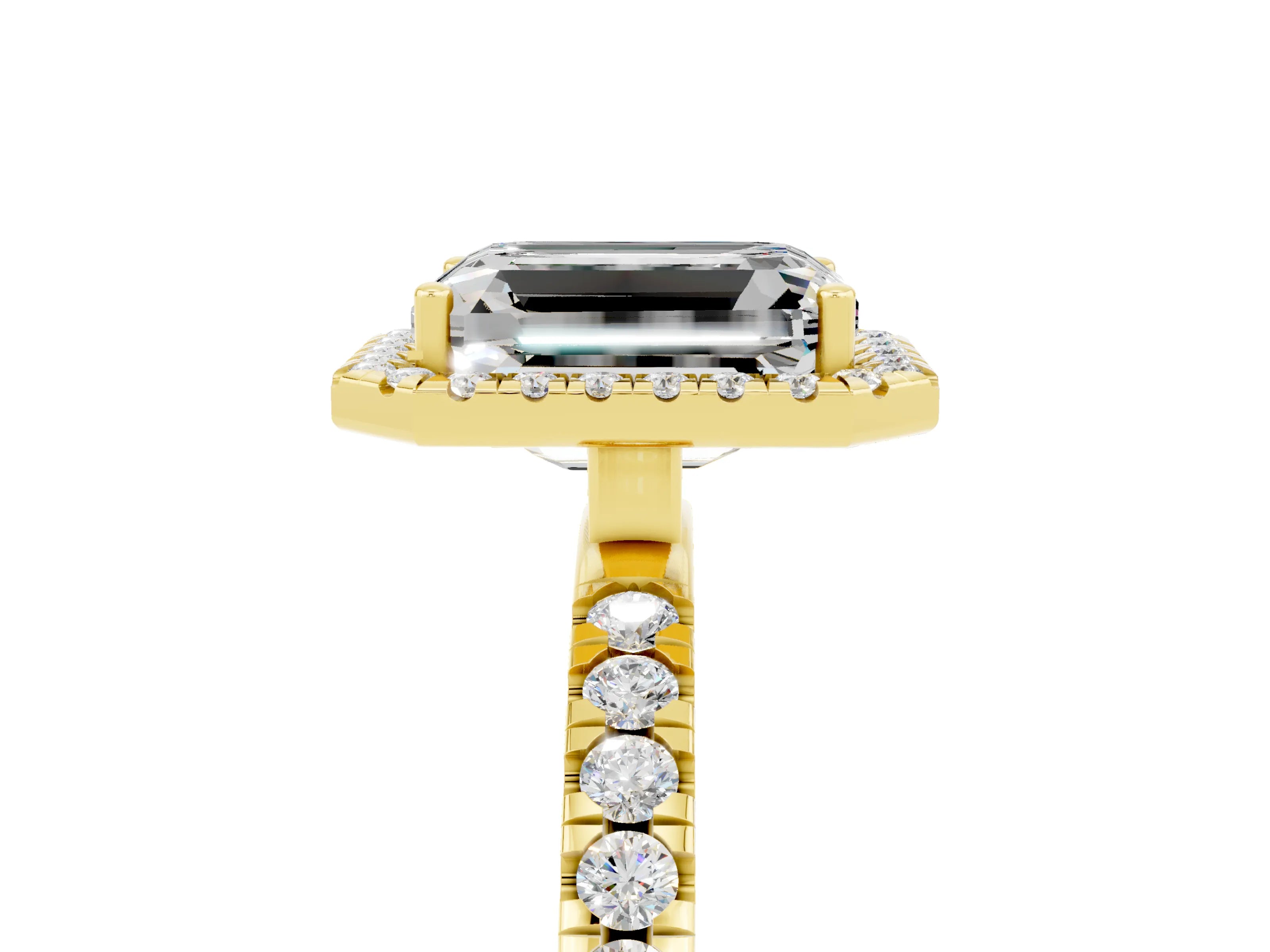 Yellow gold Emerald Cut Halo Diamond Pave Band with Prong Setting_5