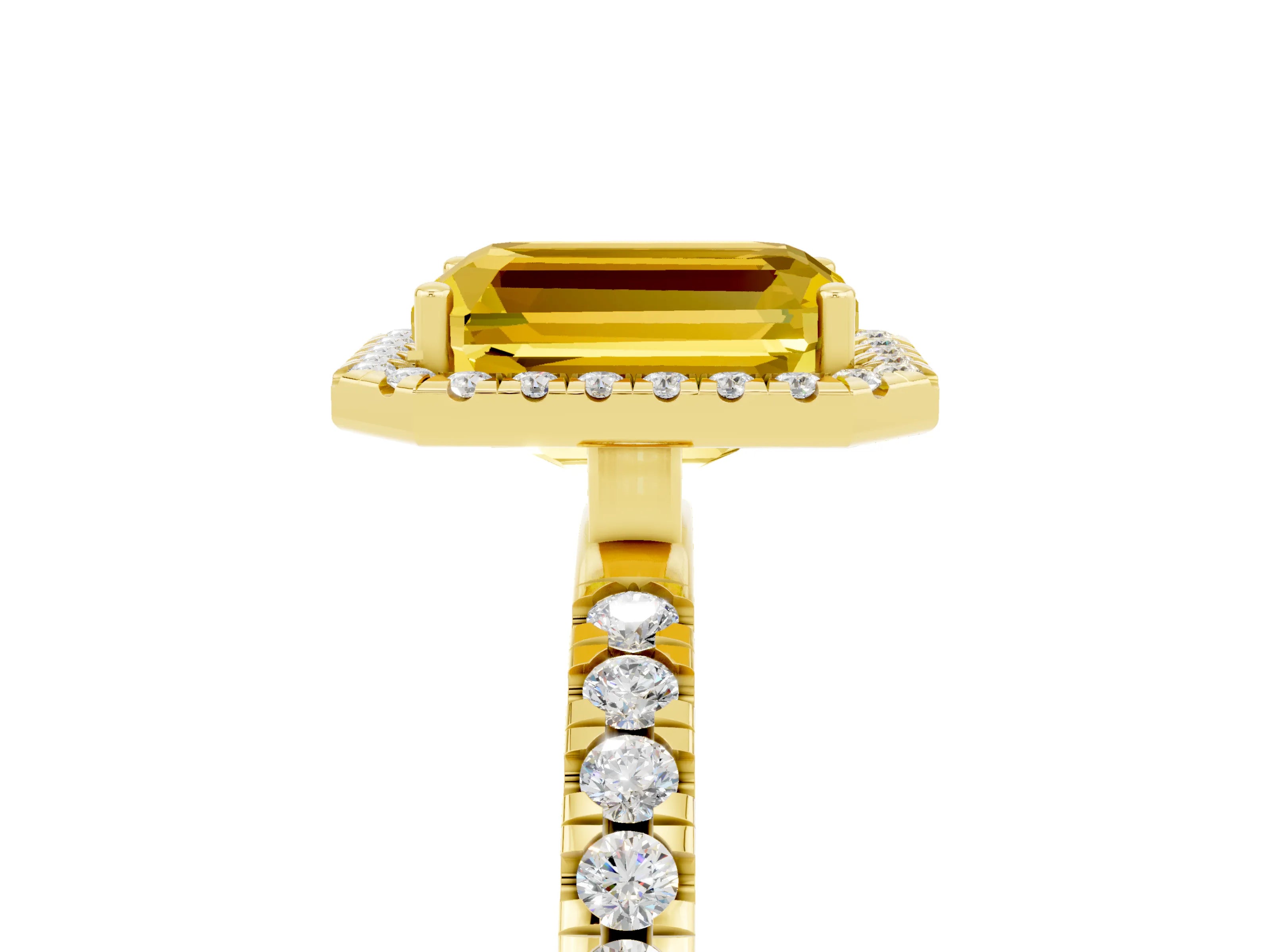 Yellow gold Emerald Cut Halo Diamond Pave Band with Prong Setting_5
