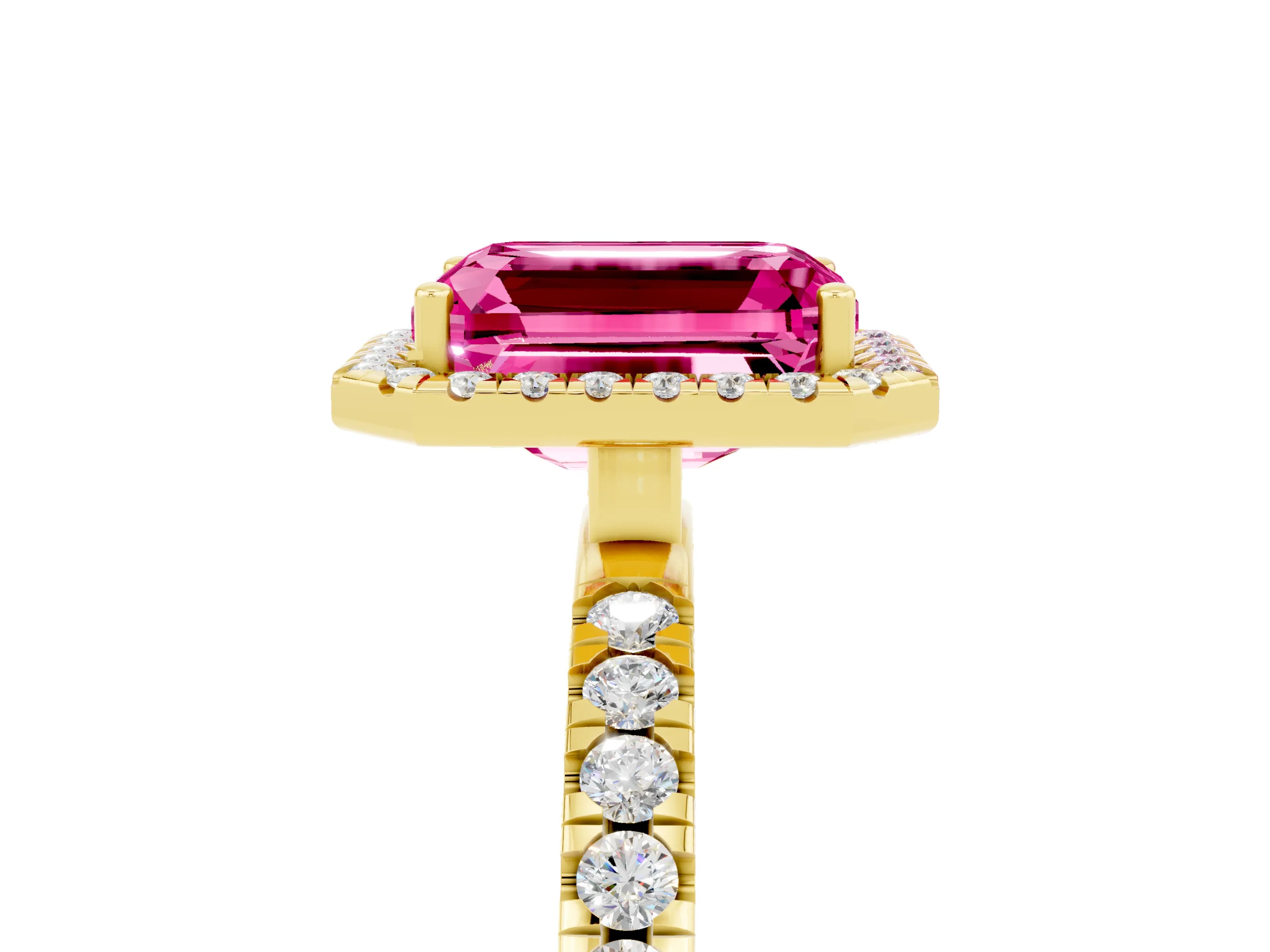 Yellow gold Emerald Cut Halo Diamond Pave Band with Prong Setting_5
