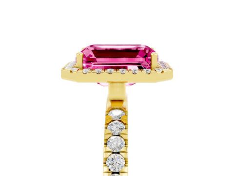 Yellow gold Emerald Cut Halo Diamond Pave Band with Prong Setting_5