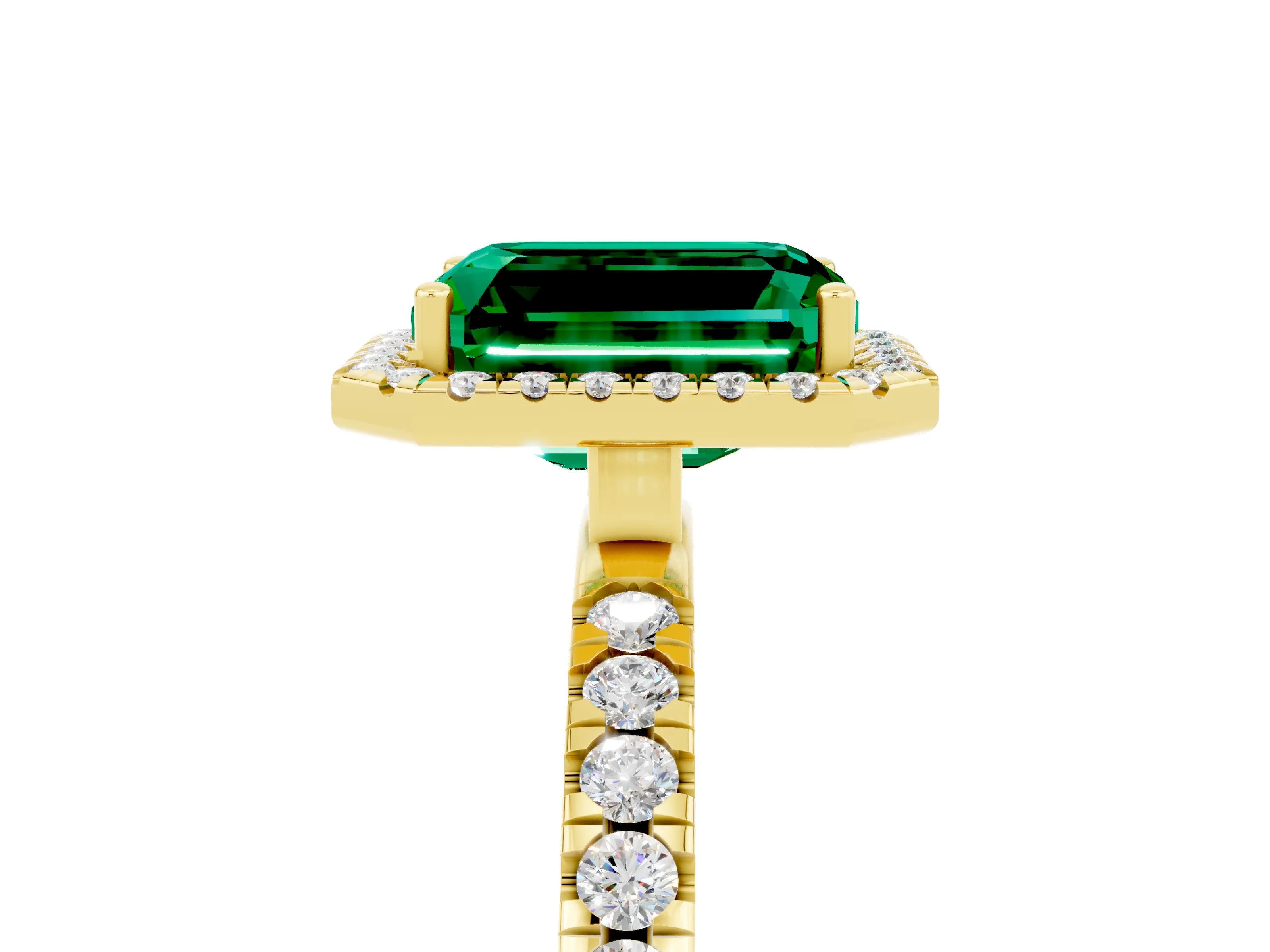Yellow gold Emerald Cut Halo Diamond Pave Band with Prong Setting_5