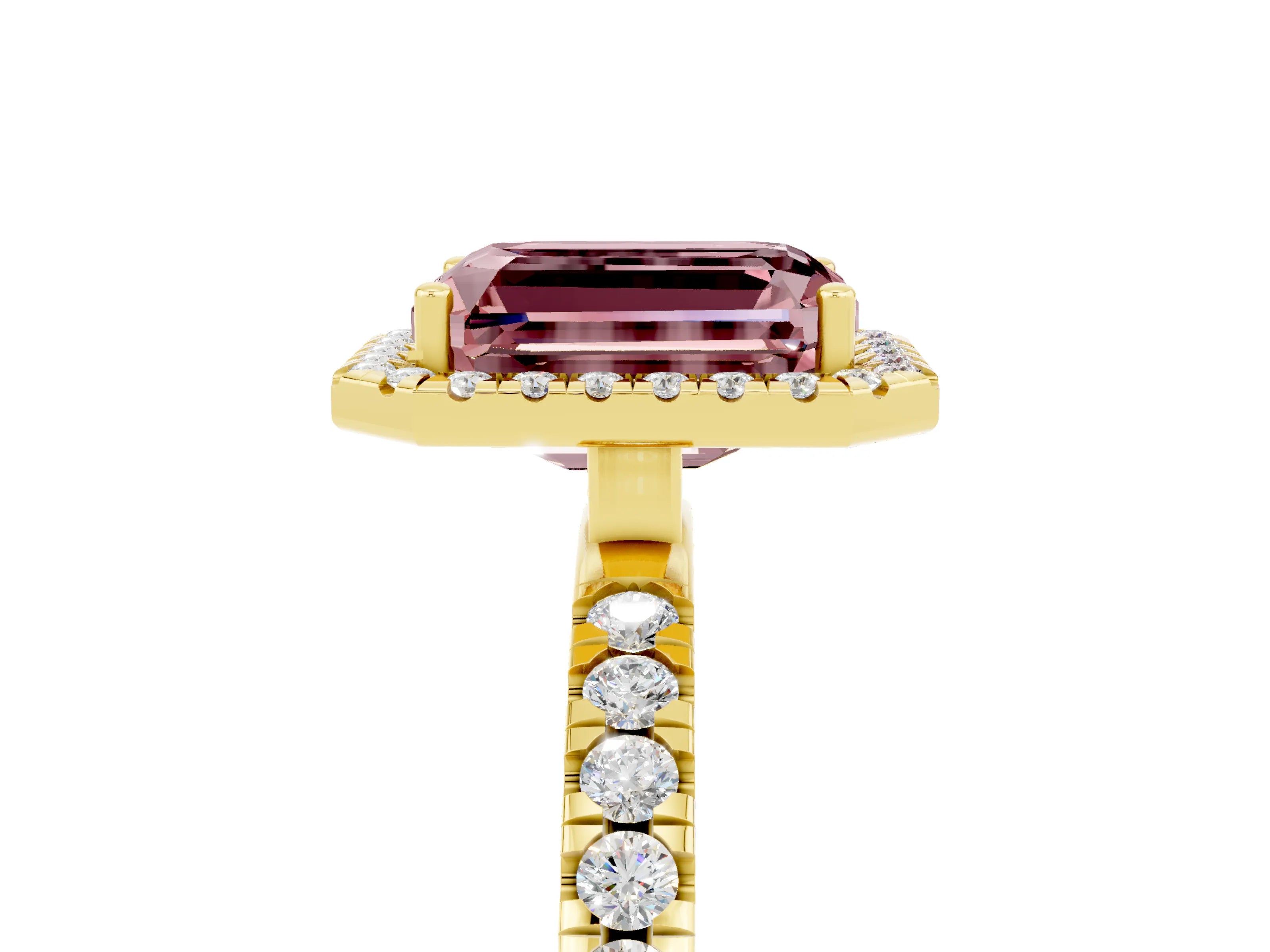 Yellow gold Emerald Cut Halo Diamond Pave Band with Prong Setting_5