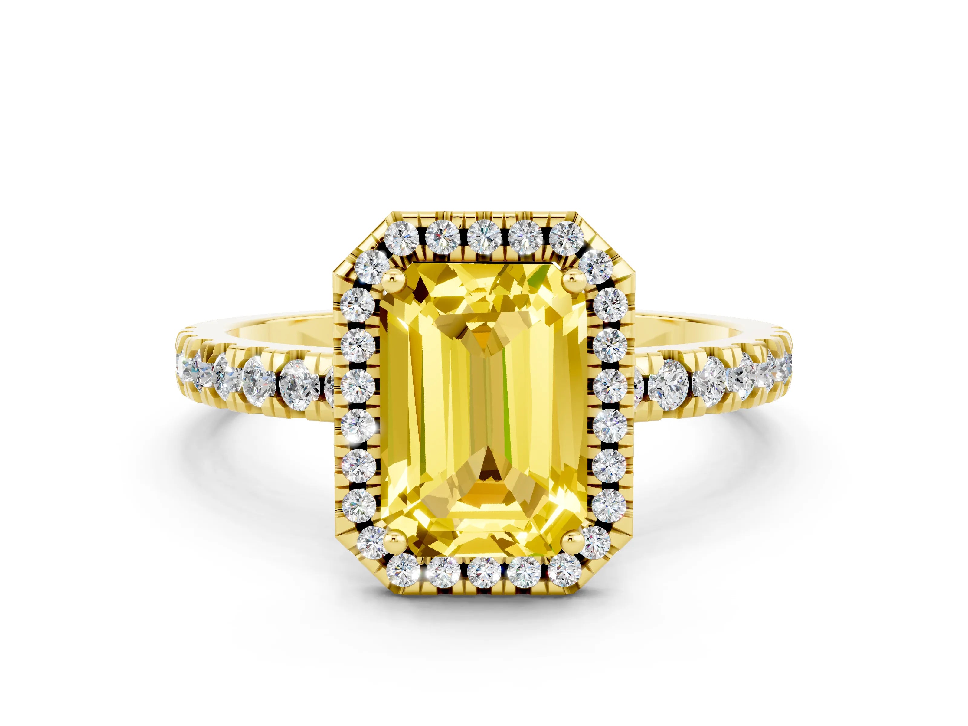 Yellow gold Emerald Cut Halo Diamond Pave Band with Prong Setting