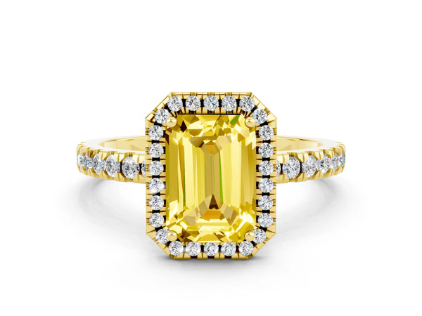 Yellow gold Emerald Cut Yellow Sapphire Classic Halo Engagement Ring with Round Pavé Band and Prong Setting