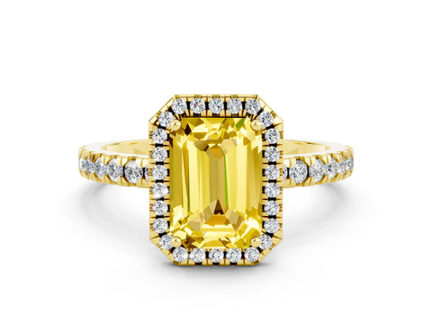 Yellow gold Emerald Cut Halo Diamond Pave Band with Prong Setting