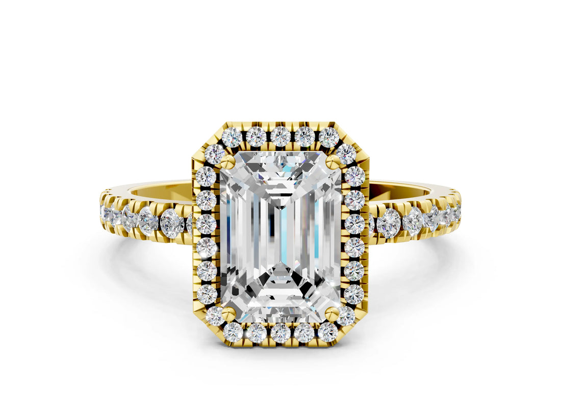 Yellow gold Emerald Cut Halo Diamond Pave Band with Prong Setting_8