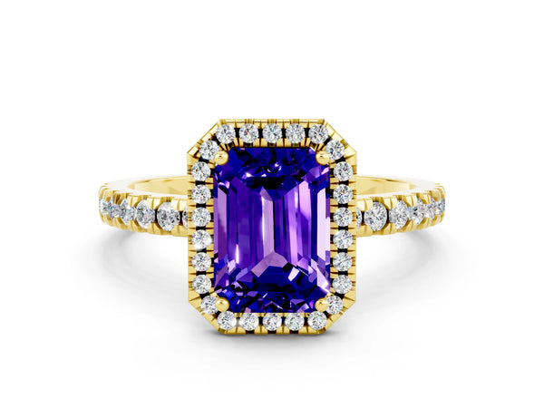 Yellow gold Emerald Cut Tanzanite Classic Halo Engagement Ring with Round Pavé Band and Prong Setting