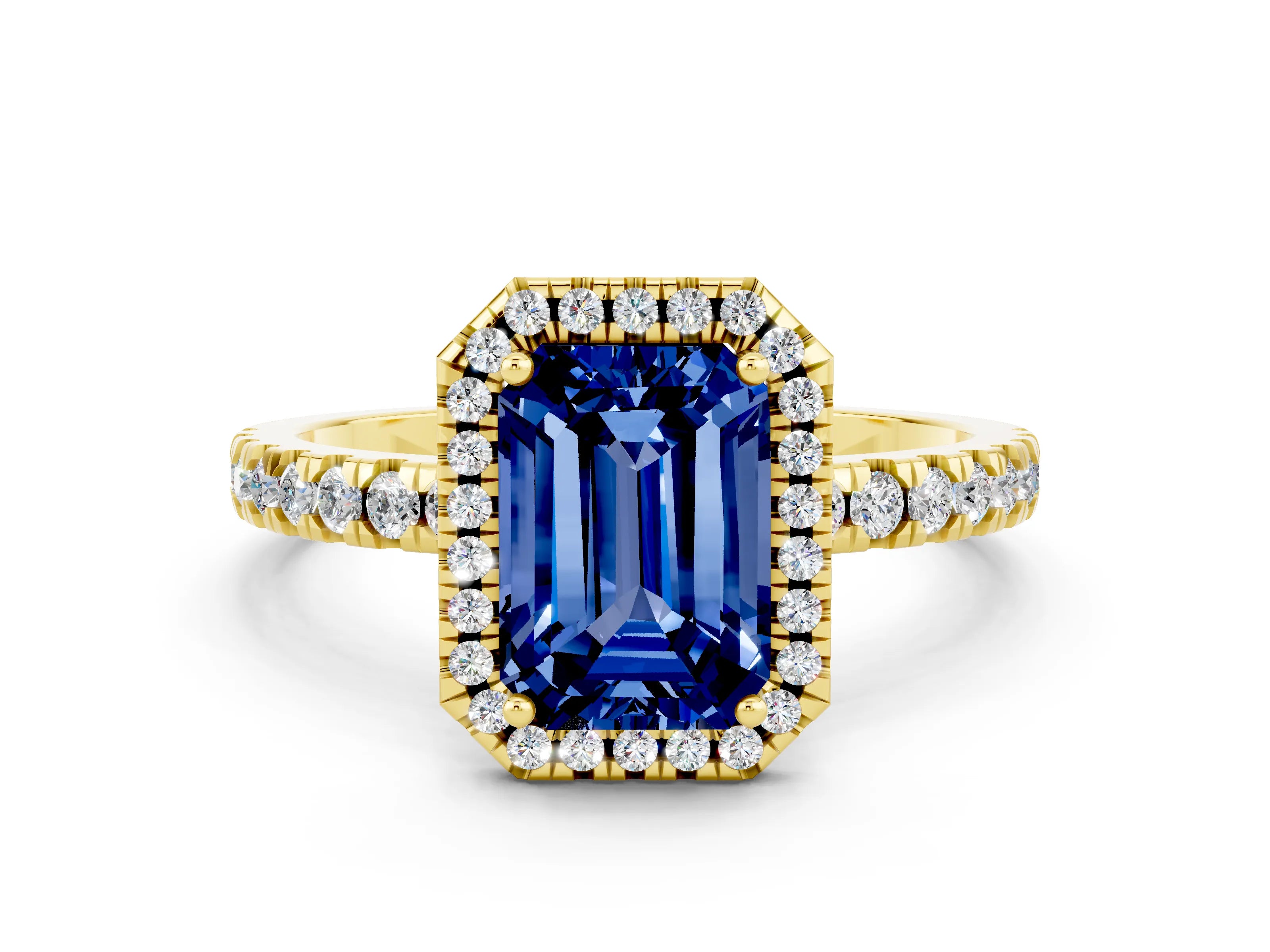 Yellow gold Emerald Cut Halo Diamond Pave Band with Prong Setting