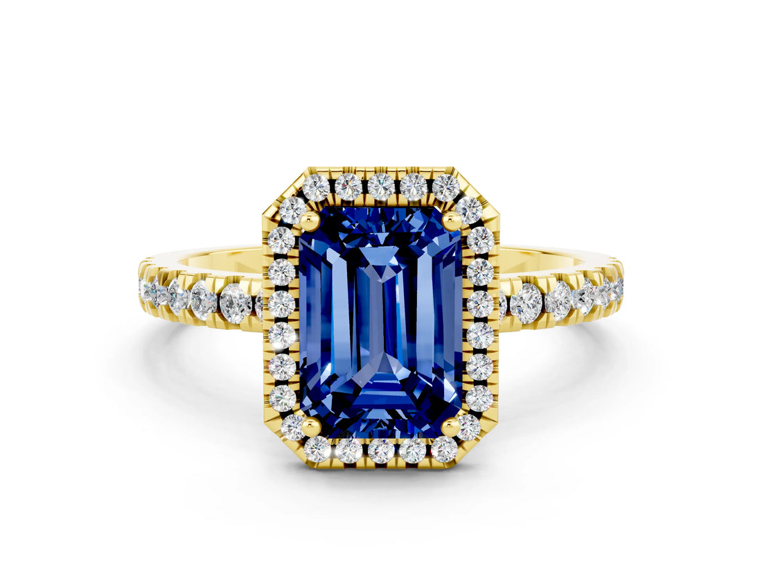 Yellow gold Emerald Cut Halo Diamond Pave Band with Prong Setting
