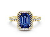 Yellow gold Emerald Cut Halo Diamond Pave Band with Prong Setting