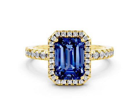 Yellow gold Emerald Cut Halo Diamond Pave Band with Prong Setting