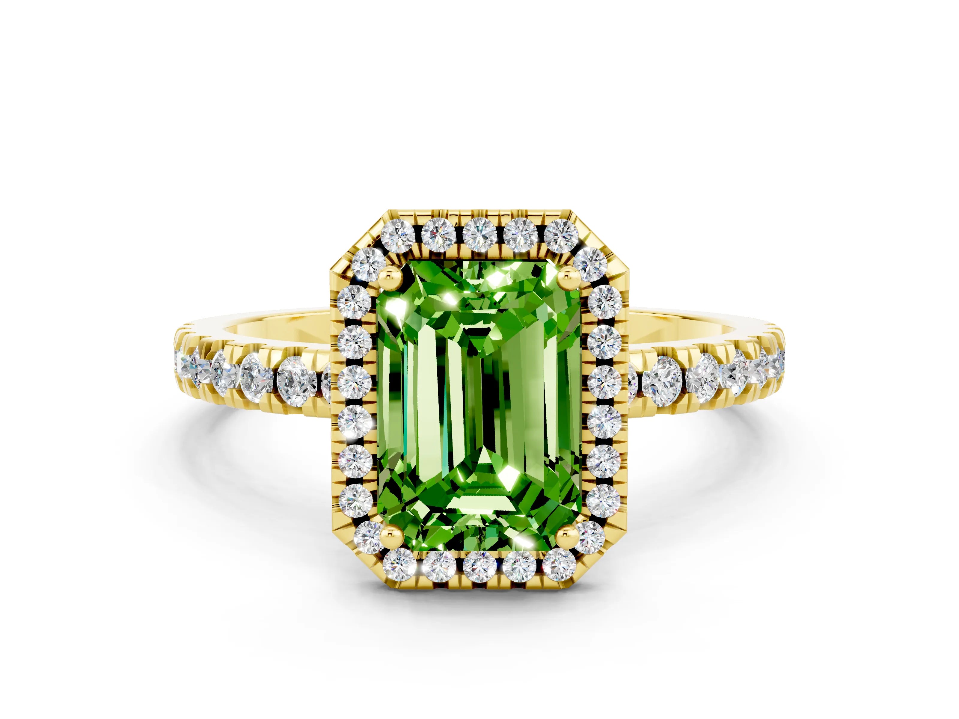 Yellow gold Emerald Cut Halo Diamond Pave Band with Prong Setting